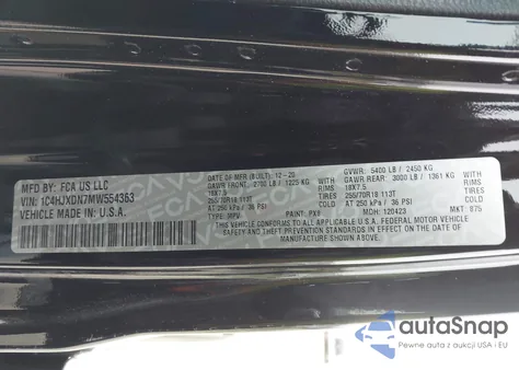 2021 Jeep Wrangler Unlimited Sport Altitude 4X4 z USA, uszkodzony, nr VIN 1C4HJXDN7MW554363